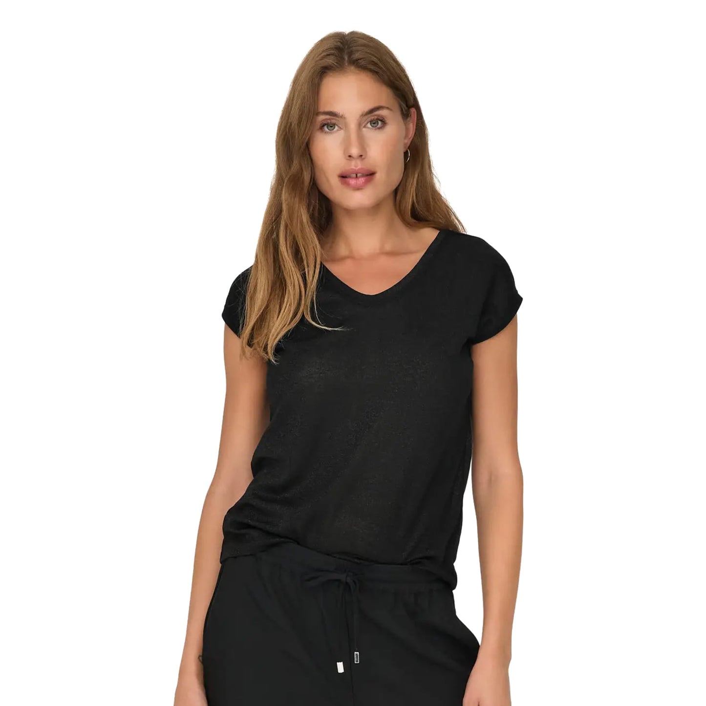 Only Silvery S/S V Neck Lurex Top Black - 15136069B