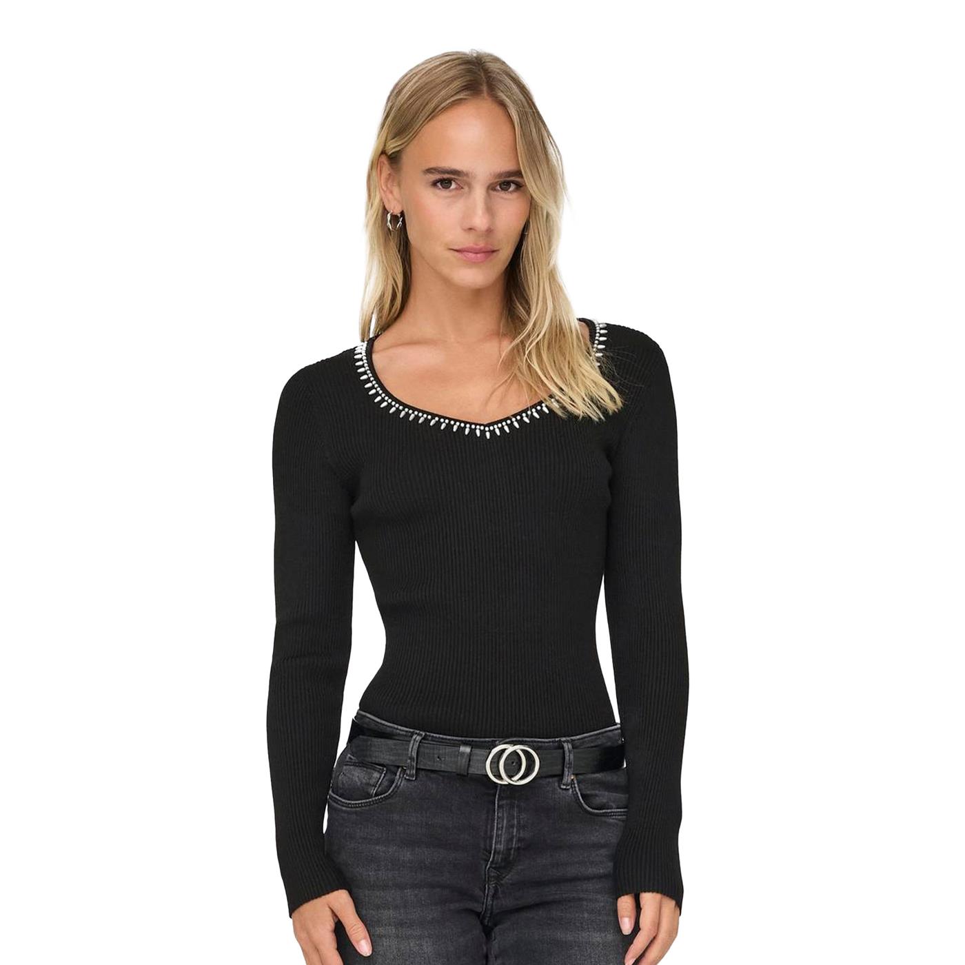 Only Emma LS V-Neck Pearl Knit Black - 15328014B