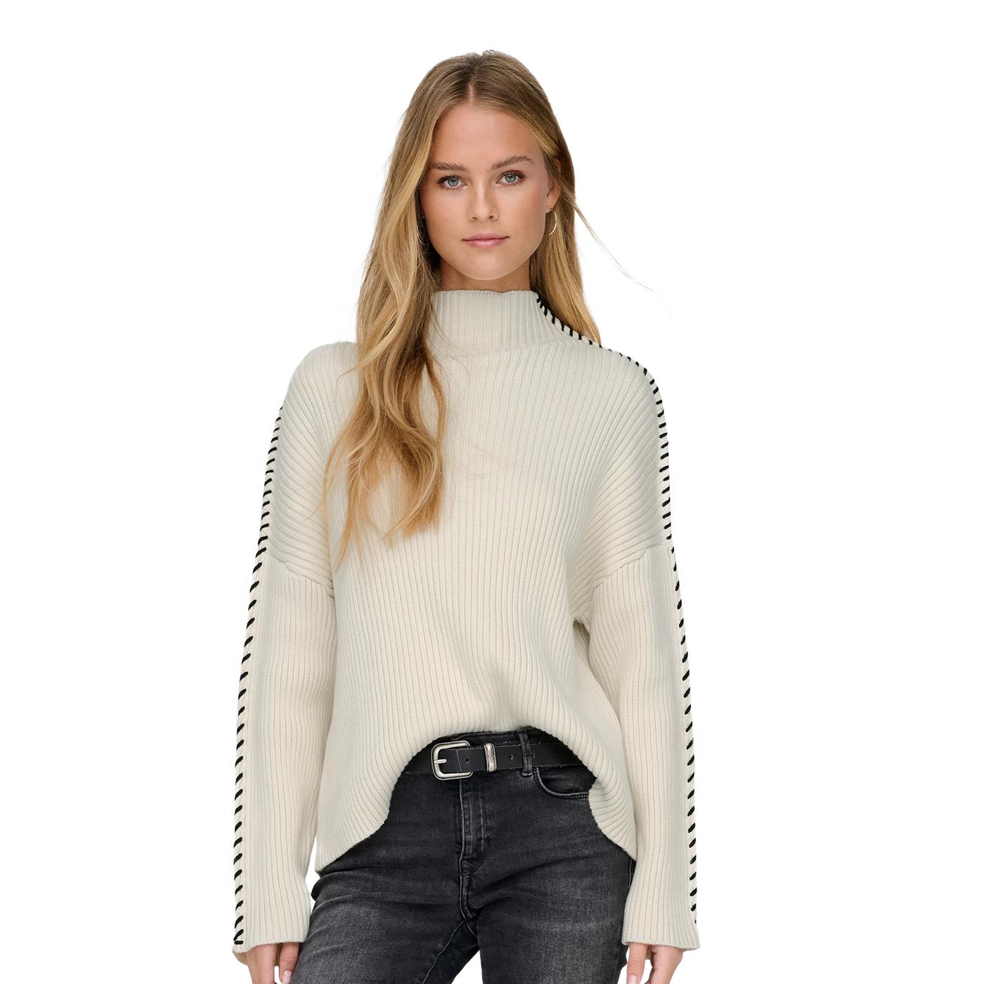 Only Queenie LS Contrast High Neck Prm Knit Birch - 15330680B