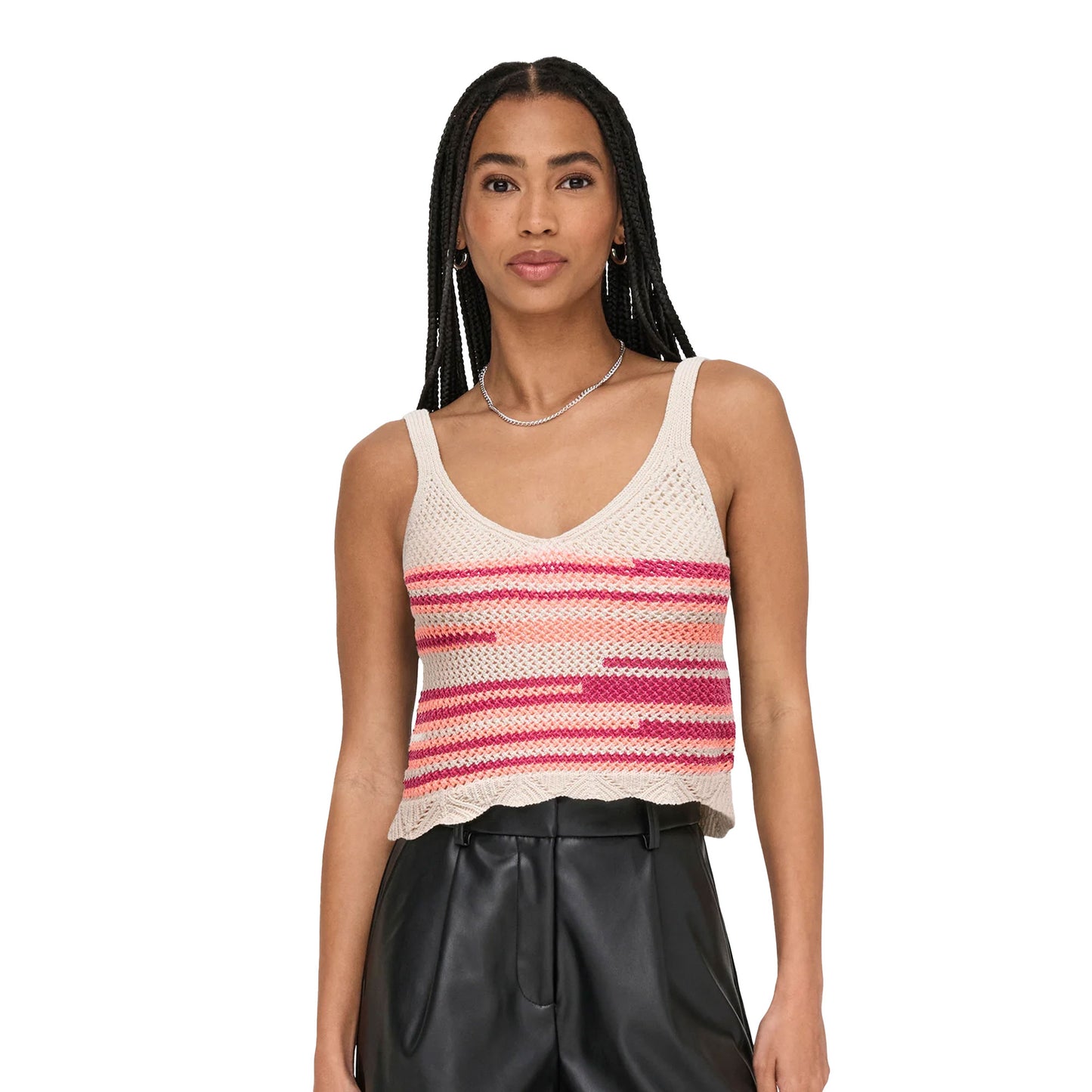 Only Merida Life SL Crop V-Neck Top Knit Ecru/Fuchsia - 15344404EFS