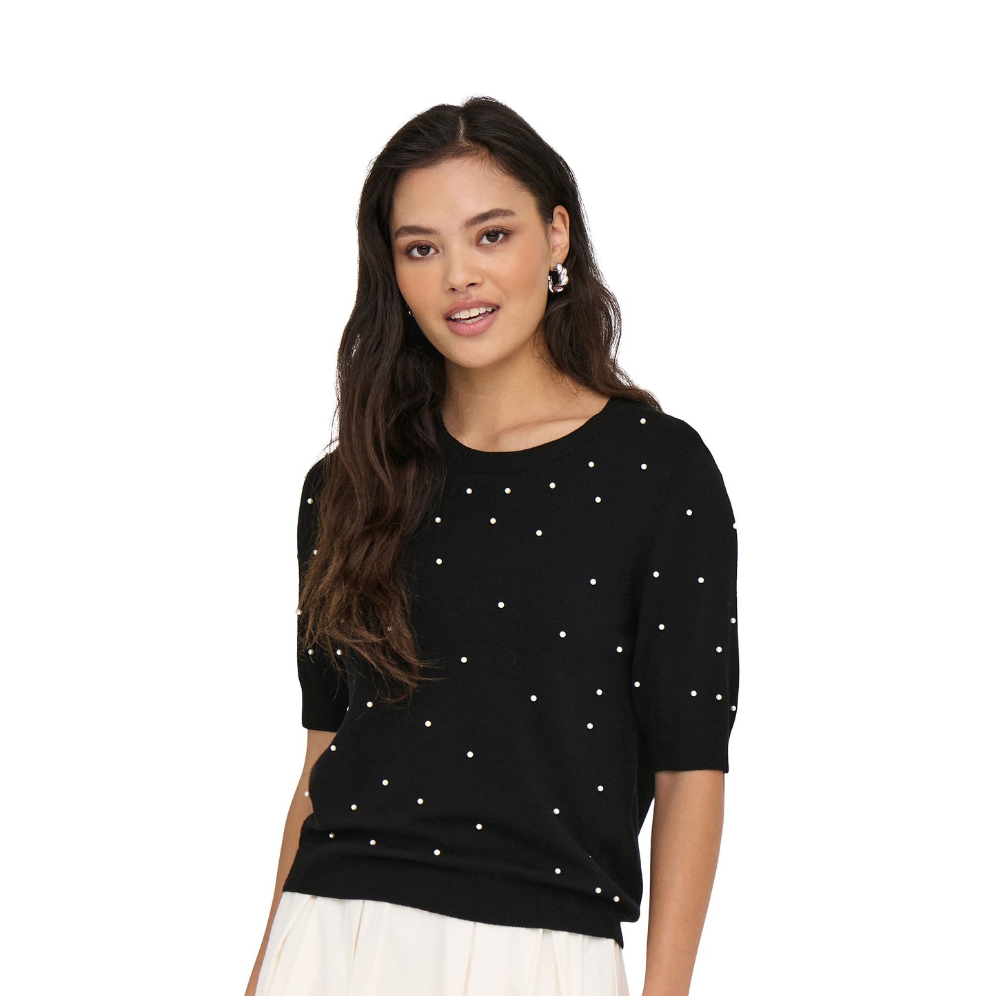 Only Venice Life SS Pearl O-Neck Knit Black - 15353016B