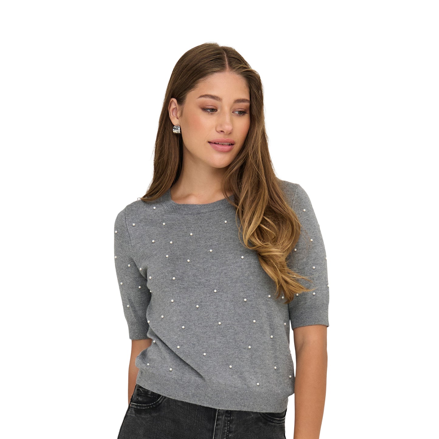 Only Venice Life SS Pearl O-Neck Knit Light Grey Melange - 15353016LGM