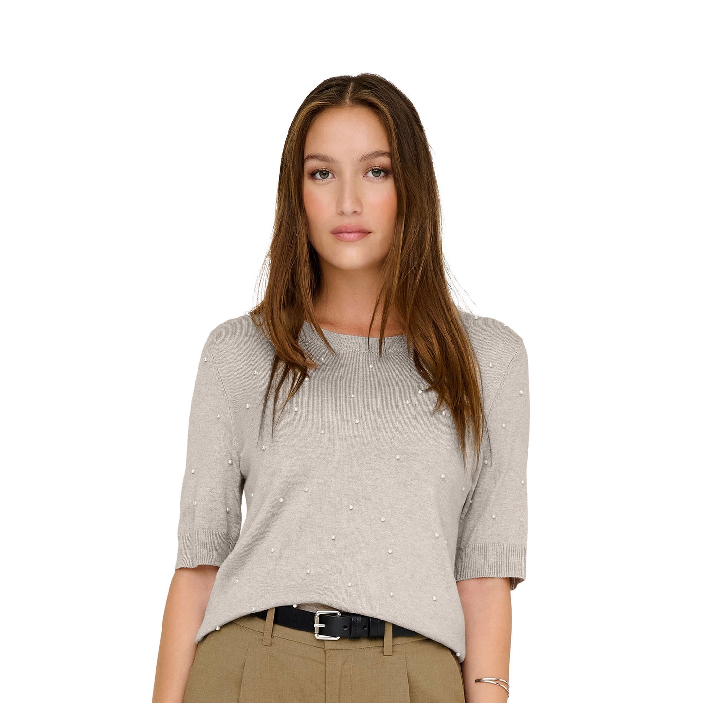 Only Venice Life SS Pearl O-Neck Knit Pumice Stone - 15353016PS