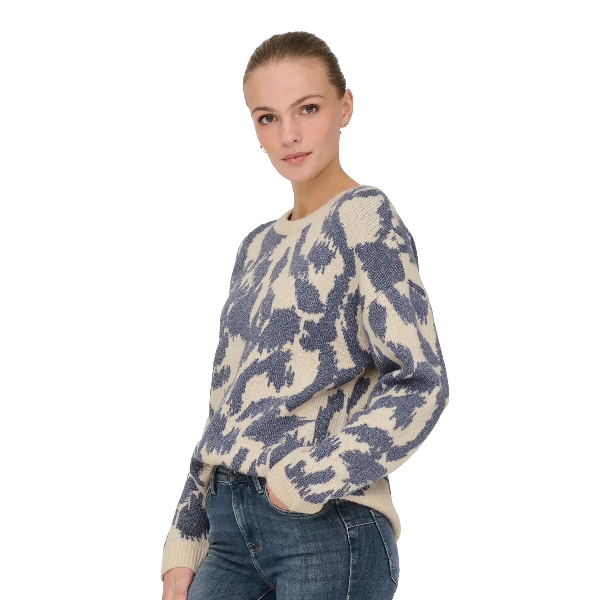Only Gigi LS Glitter O-Neck Knit Birch/Vintage Indigo  - 15353238BVI