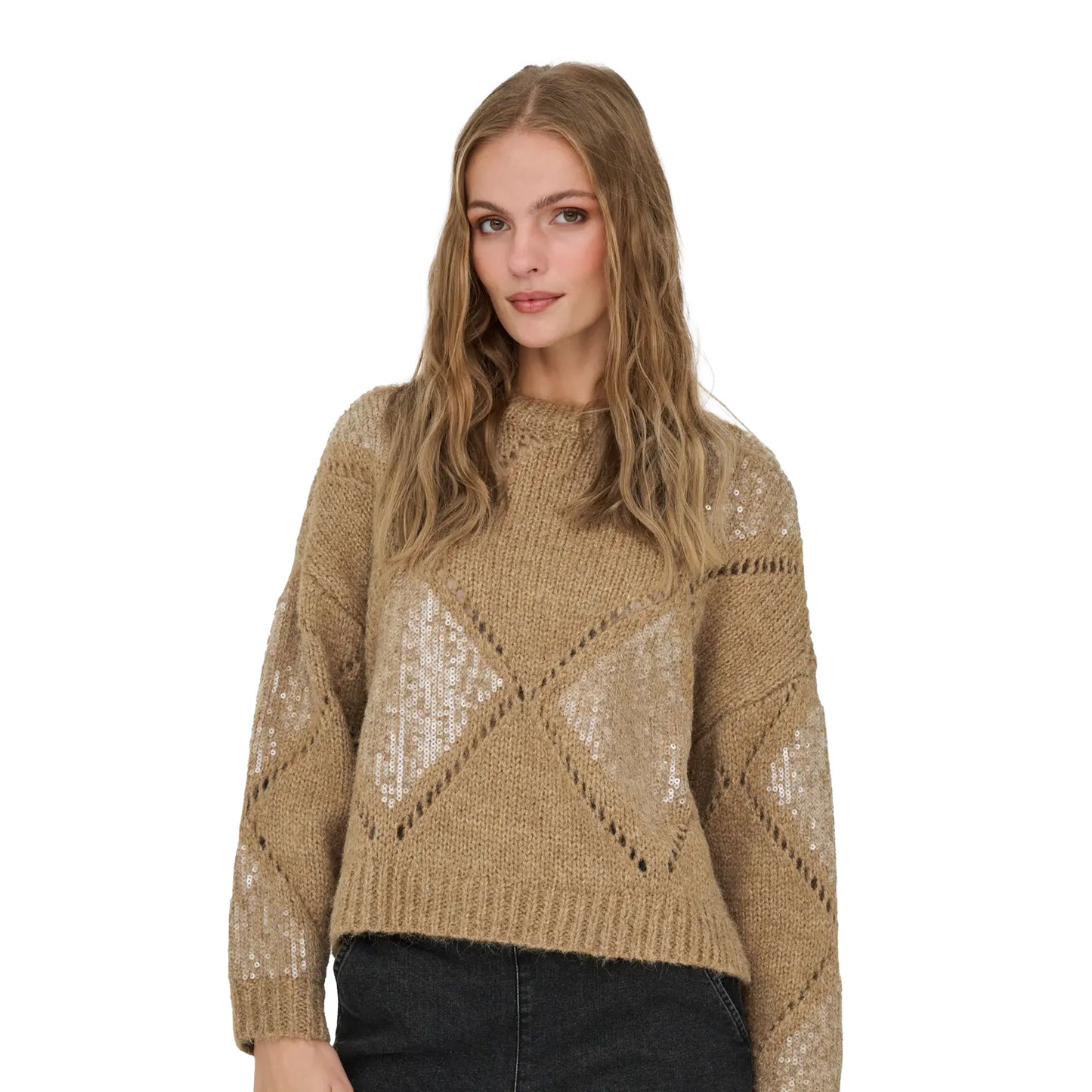 Only Kansas Life LS Sequins O-Neck Knit Tannin  - 15358402T