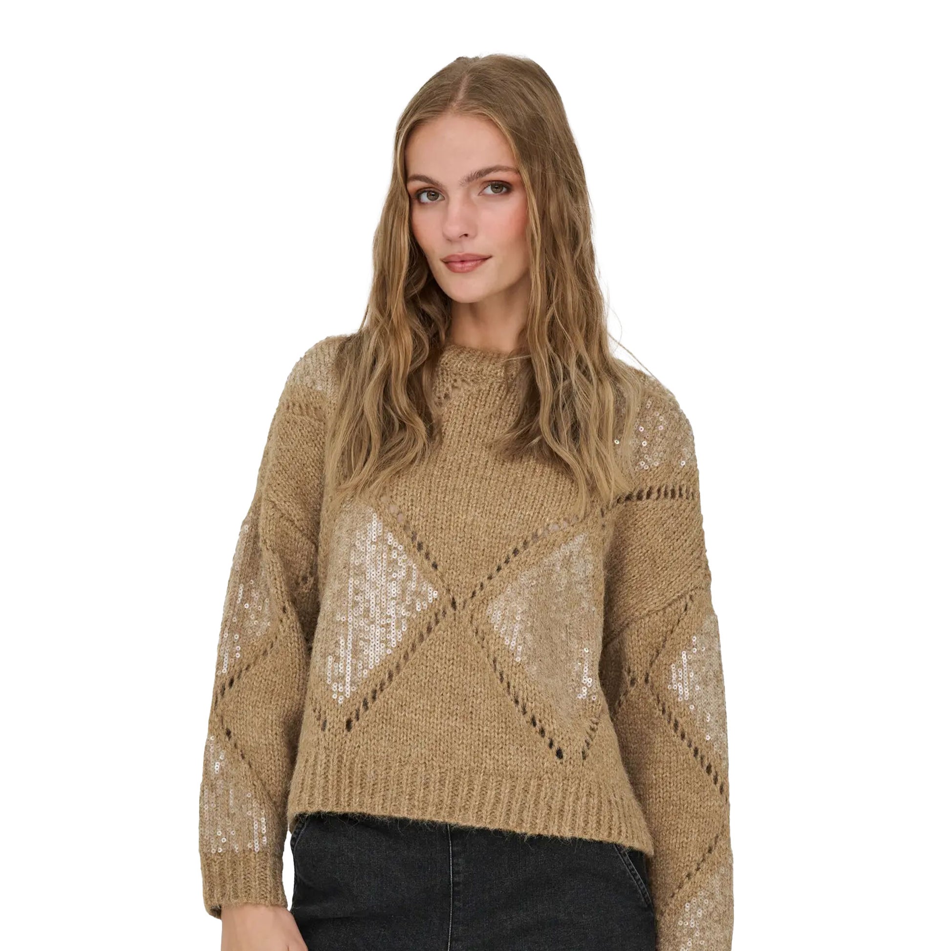 Only Kansas Life LS Sequins O-Neck Knit Tannin  - 15358402T