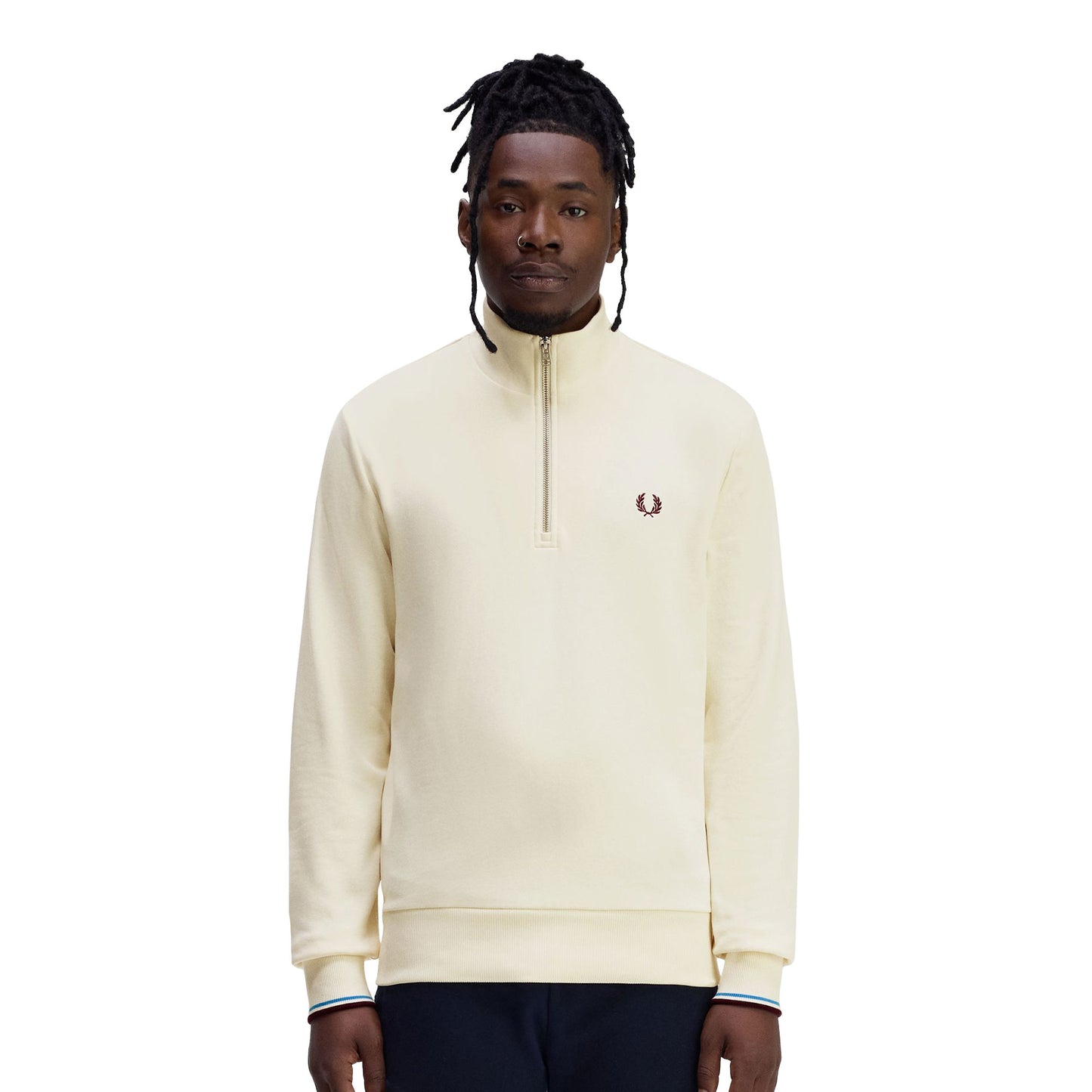 Fred Perry Half-Zip Sweatshirt Ecru/Court Blue/Oxblood - M3574-Z46