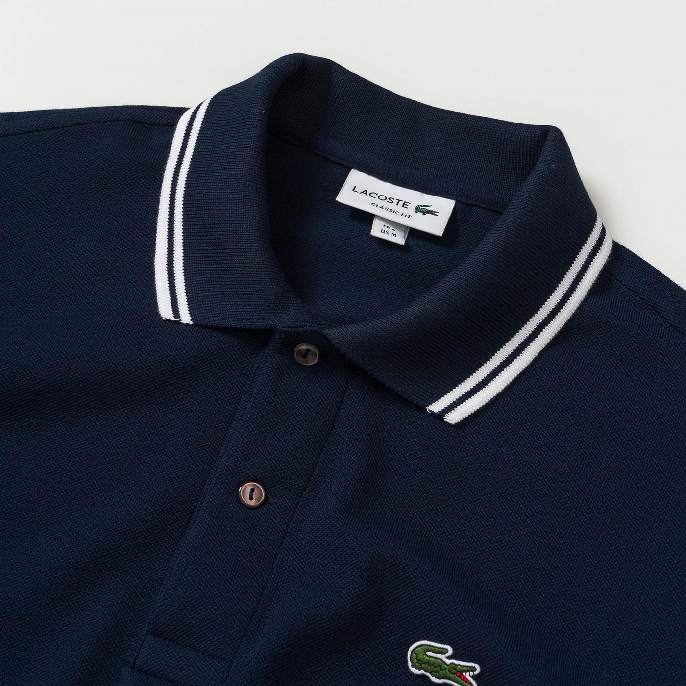 Lacoste Striped Accents Cotton Piqué Polo Shirt Navy Blue - PH2384-525