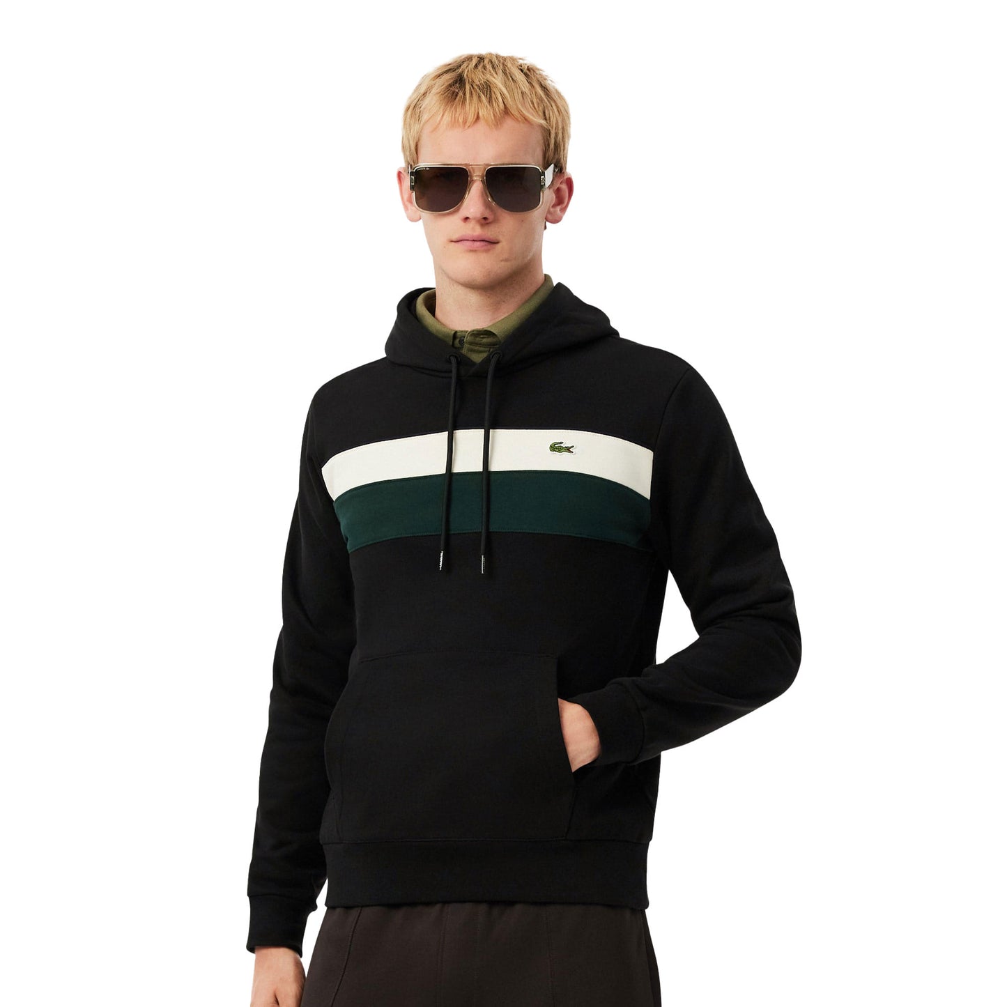 Lacoste Colour-Block Fleece Hoodie Black/Laponie-Sinople - SH8161-6XH