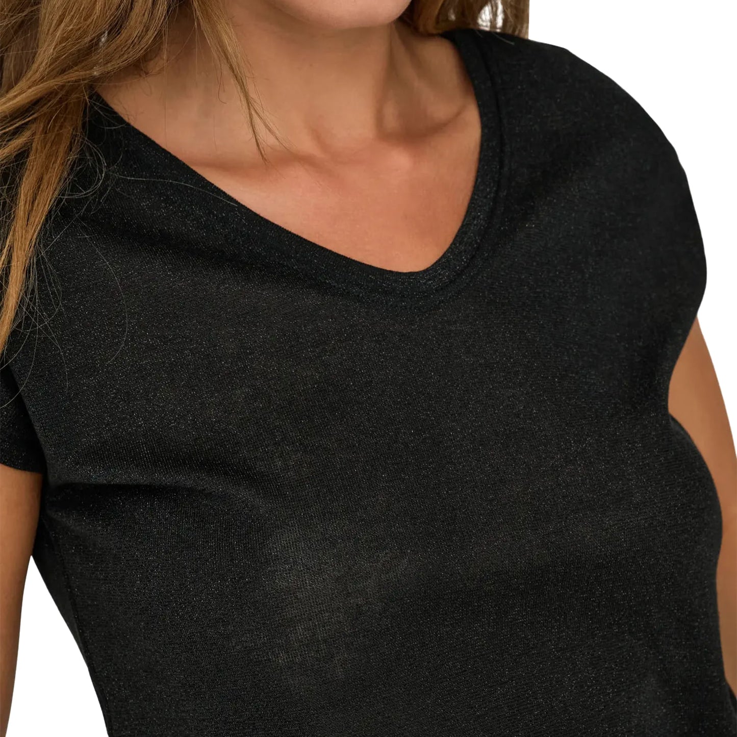 Only Silvery S/S V Neck Lurex Top Black  - 15136069B