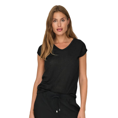 Only Silvery S/S V Neck Lurex Top Black  - 15136069B