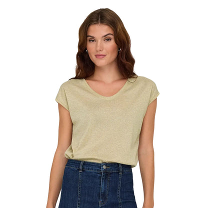 Only Silvery S/S V Neck Lurex Top Gold Colour  - 15136069GC