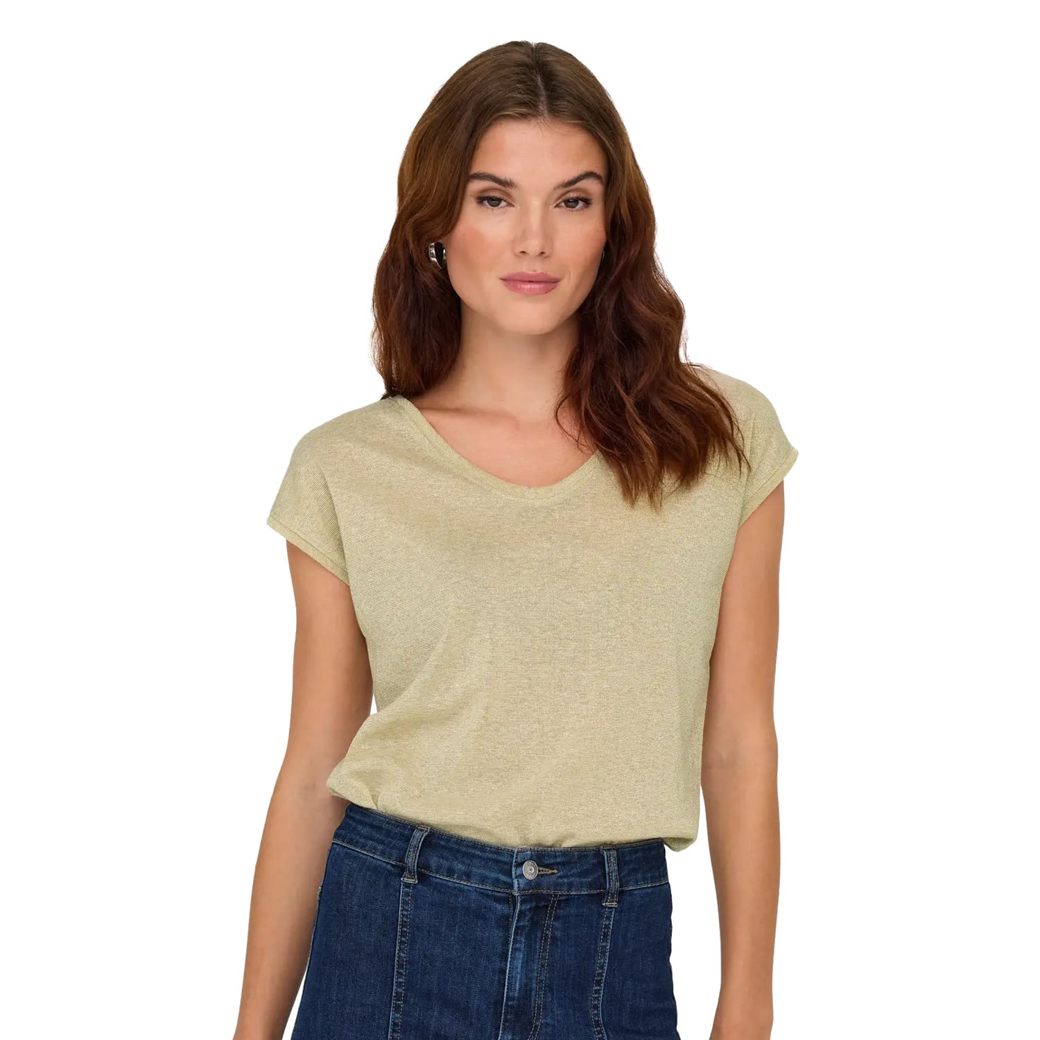 Only Silvery S/S V Neck Lurex Top Gold Colour  - 15136069GC