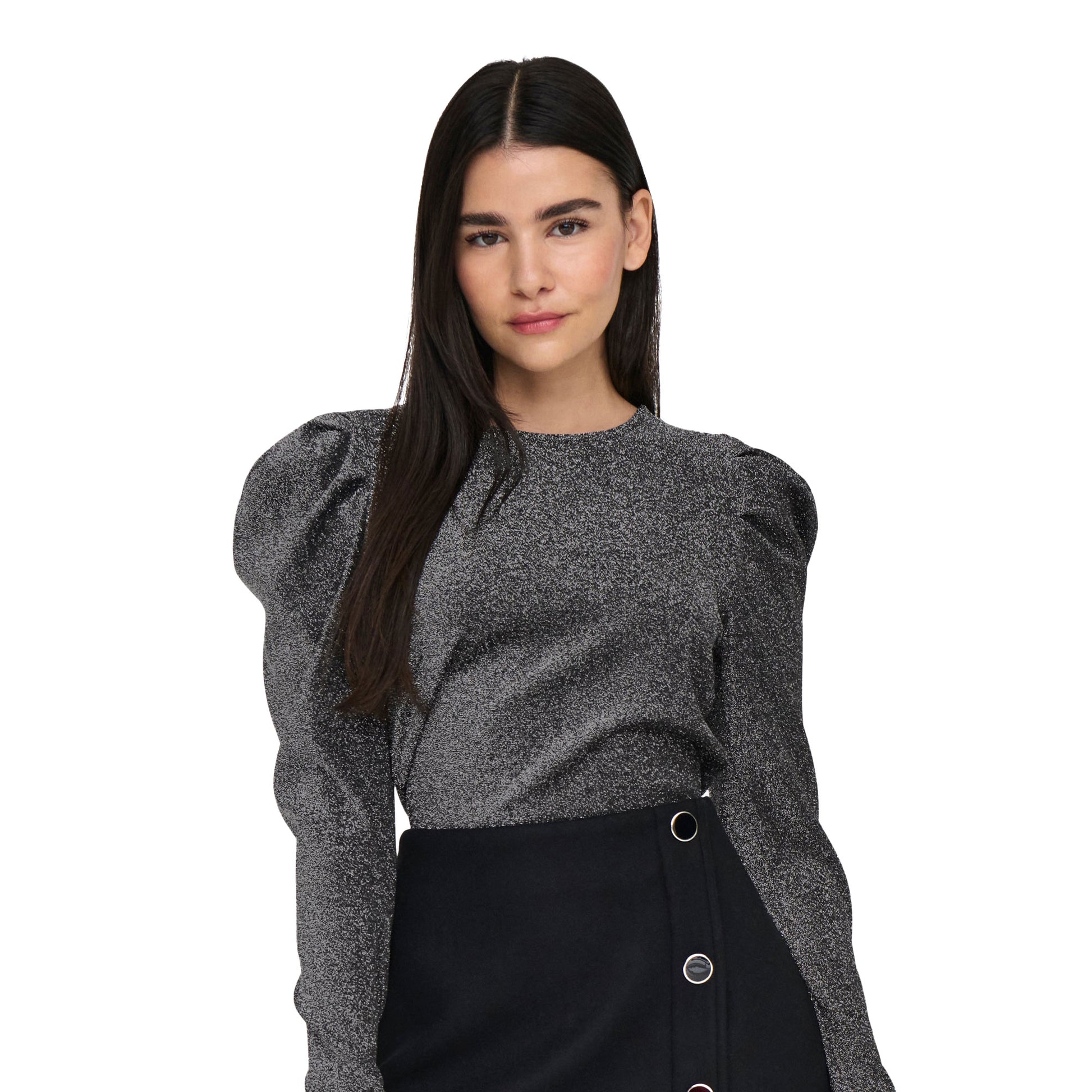 Only Rich L/S Glitter Puff Top Black/Silver Glitter  - 15278055BSG