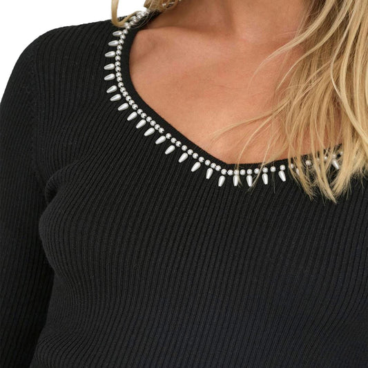 Only Emma LS V-Neck Pearl Knit Black  - 15328014B