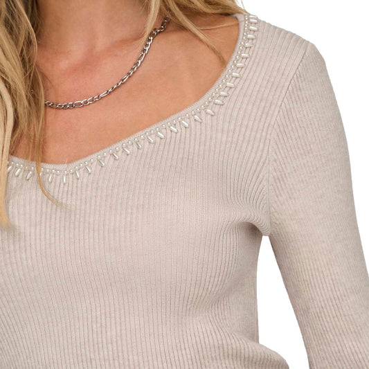 Only Emma LS V-Neck Pearl Knit Pumice Stone  - 15328014PS