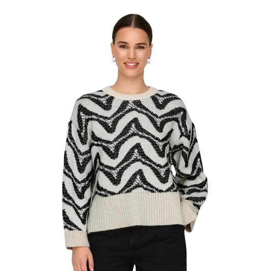 Only Jane LS Jacquard O-Neck BF Knit Cloud Dancer/Black  - 15332157CD