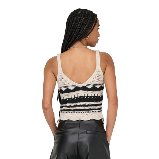 Only Merida Life SL Crop V-Neck Top Knit Ecru/Black Pattern  - 15344404EBP