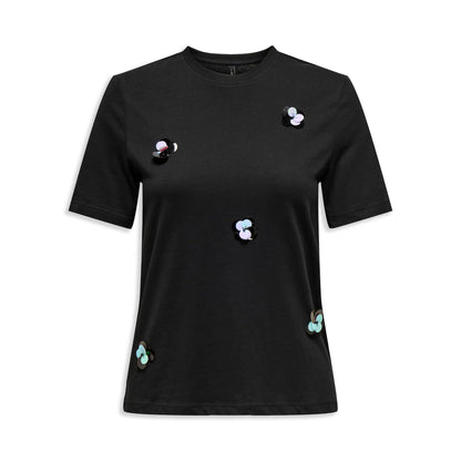 Only Olivia Life S/S Flower O-Neck Top Black  - 15349470B