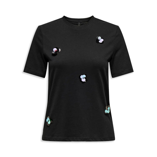 Only Olivia Life S/S Flower O-Neck Top Black  - 15349470B