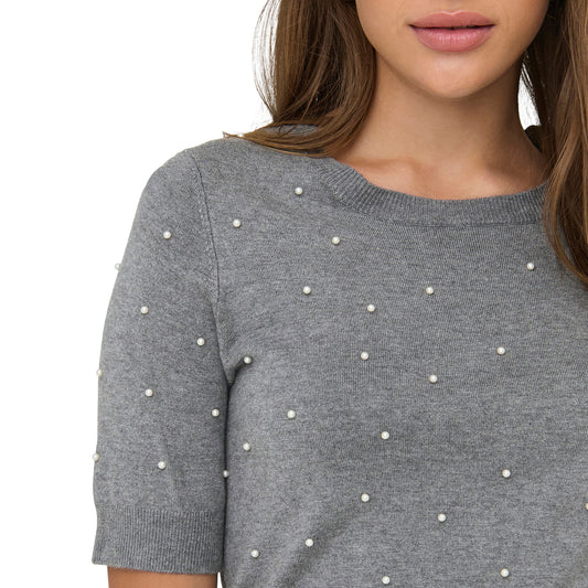 Only Venice Life SS Pearl O-Neck Knit Light Grey Melange  - 15353016LGM
