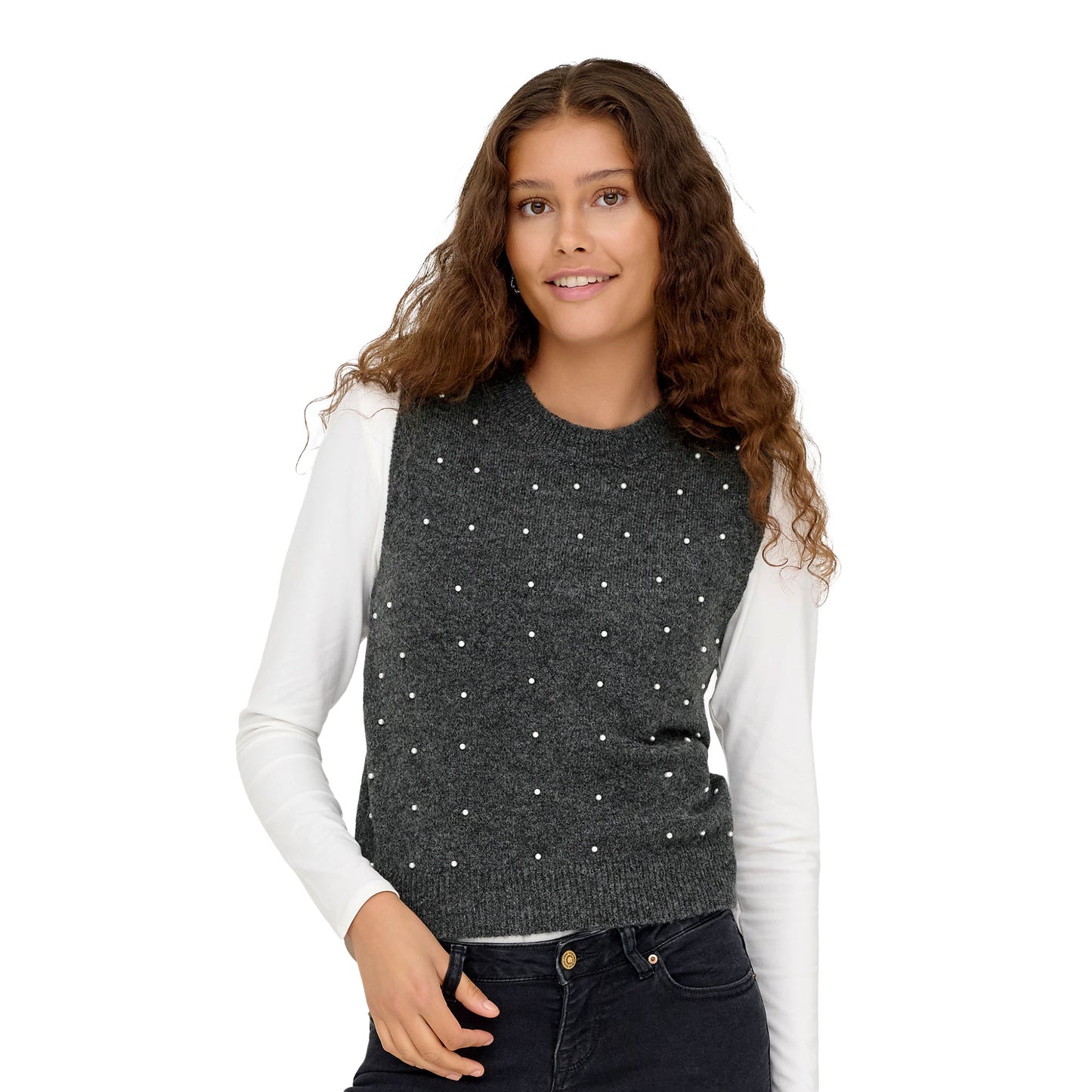 Only Renata Life SL O-Neck Pearl Vest Knit Dark Grey Melange  - 15353076DGM