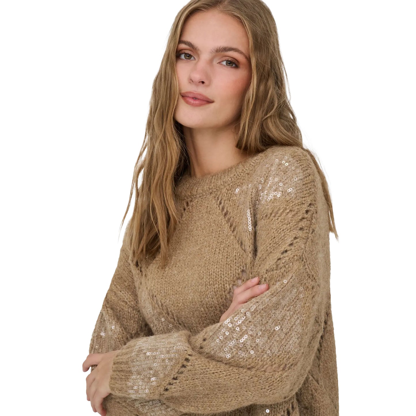 Only Kansas Life LS Sequins O-Neck Knit Tannin  - 15358402T