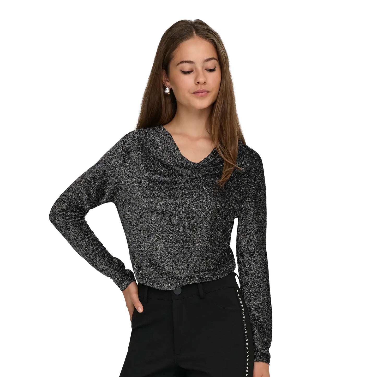 Only Rich L/S Glitter Waterfall Top Black/Silver Glitter  - 15360265BSG