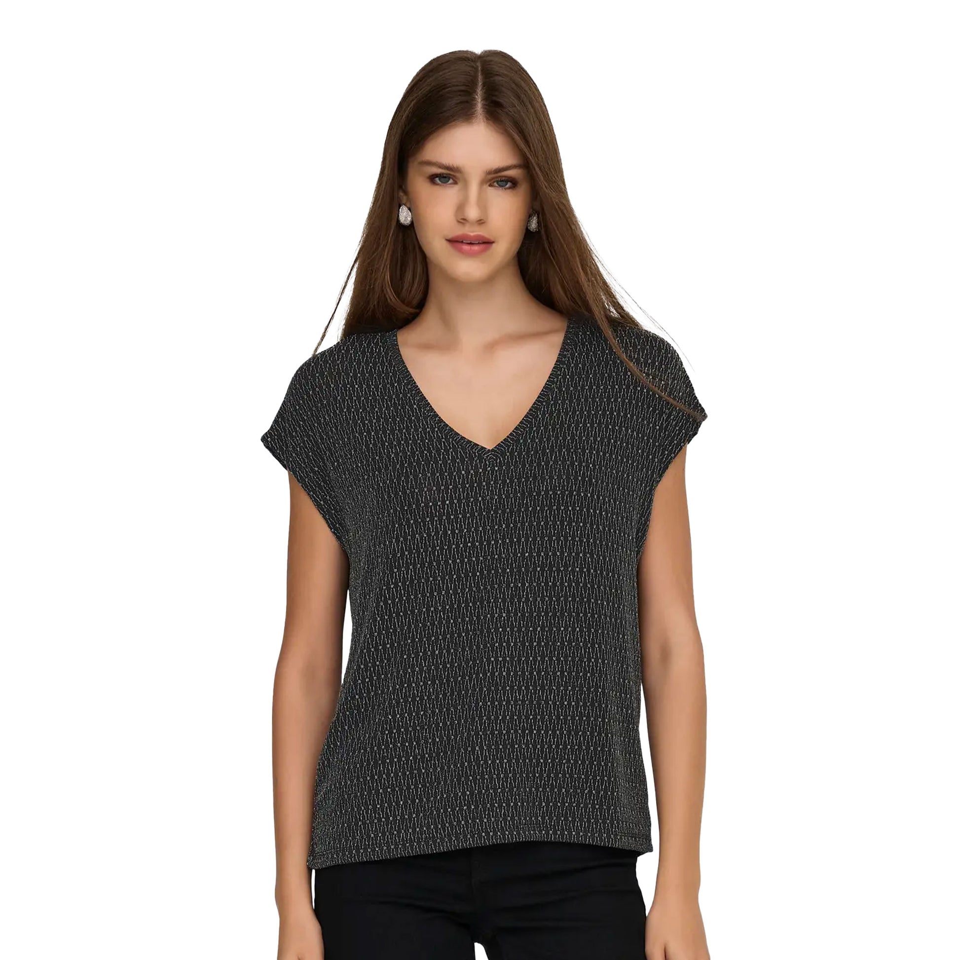 Only Carol S/S V-Neck Glitter Top Black/Harlekin Silver  - 15360960BHS
