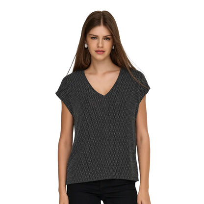 Only Carol S/S V-Neck Glitter Top Black/Harlekin Silver  - 15360960BHS