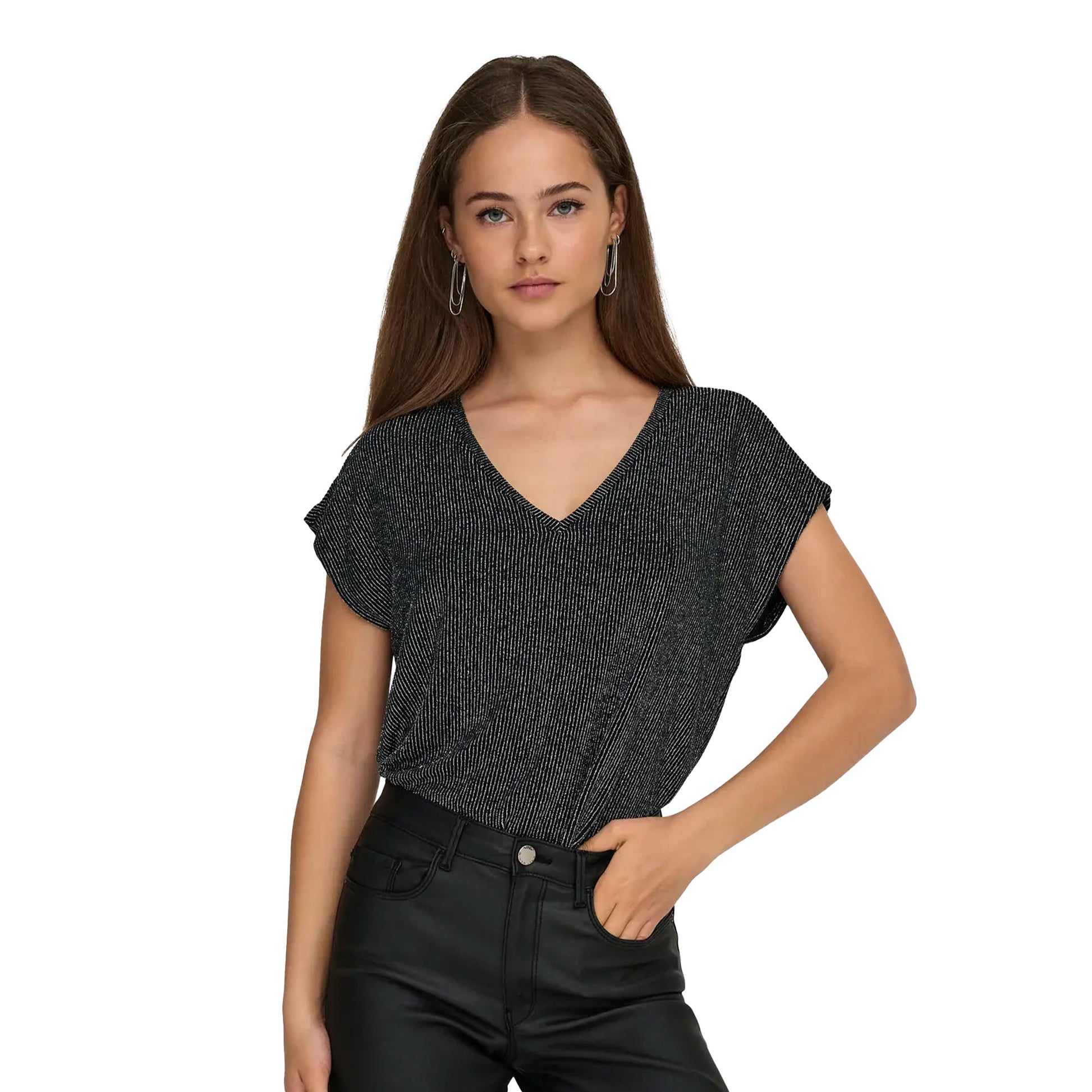 Only Carol S/S V-Neck Glitter Top Black/Silver Glitter  - 15360960BSG