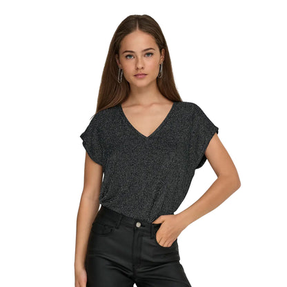 Only Carol S/S V-Neck Glitter Top Black/Silver Glitter  - 15360960BSG