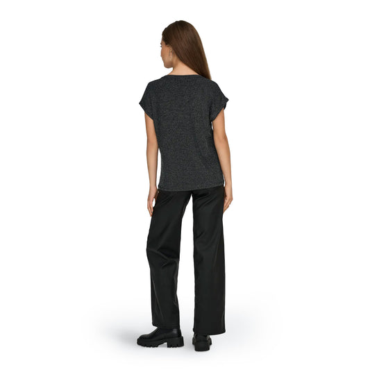 Only Carol S/S V-Neck Glitter Top Black/Silver Glitter  - 15360960BSG