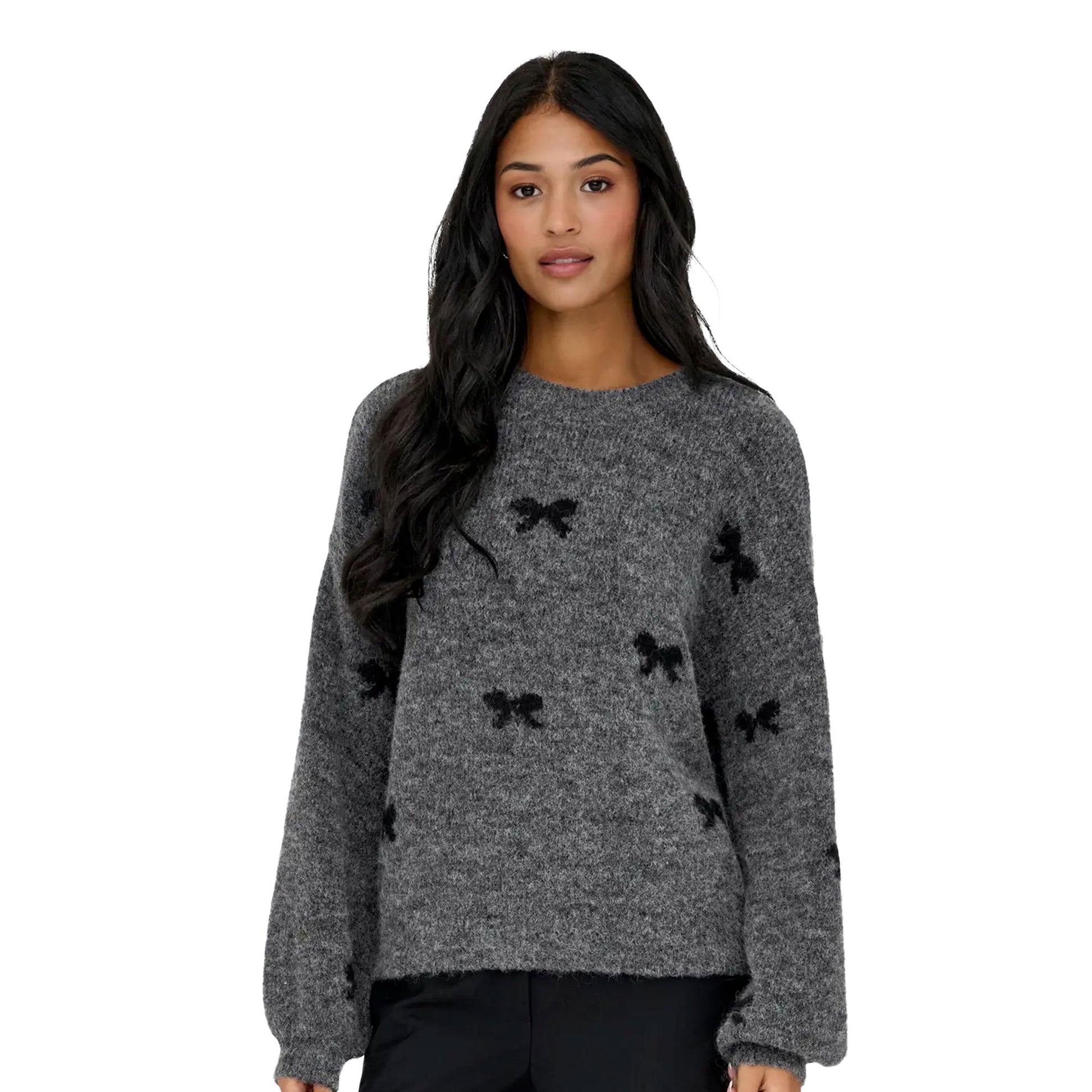 Only Brunhilda Life LS Bow O-Neck Knit Medium Grey  - 15361150MG