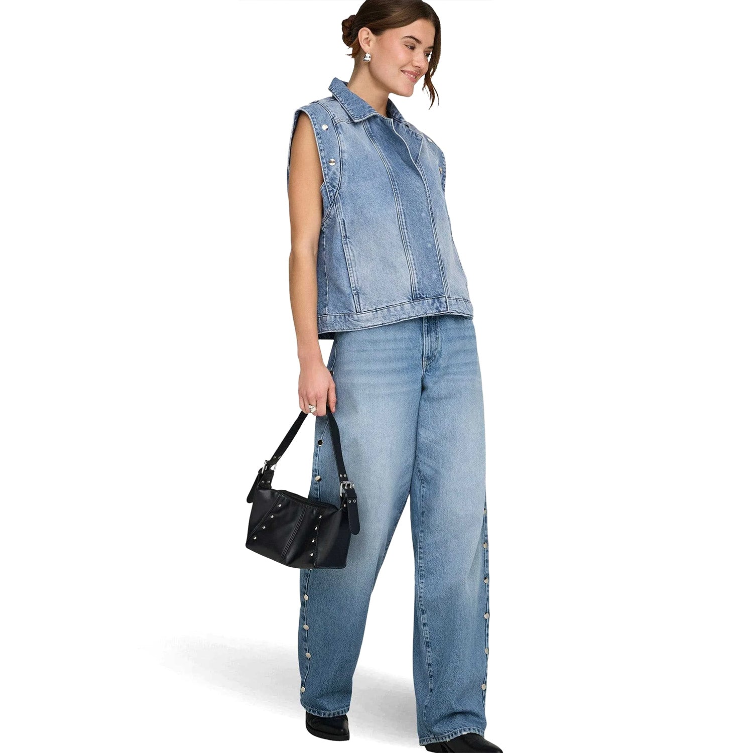 Only Gianna MW Straight Big Stud Denim Light Medium Blue  - 15364322LMB