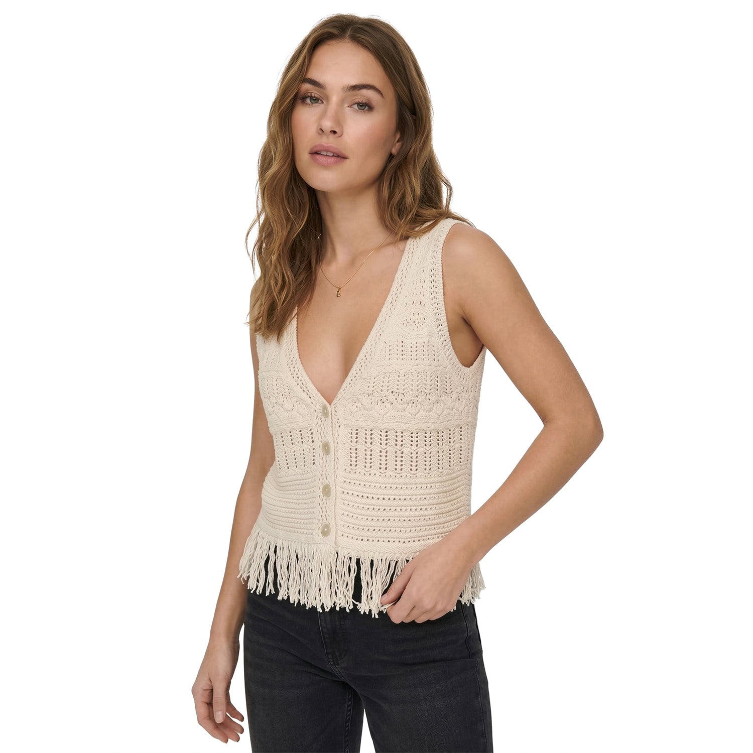 Only Alix SL Fringe Waistcoat Knit Ecru  - 15364856E