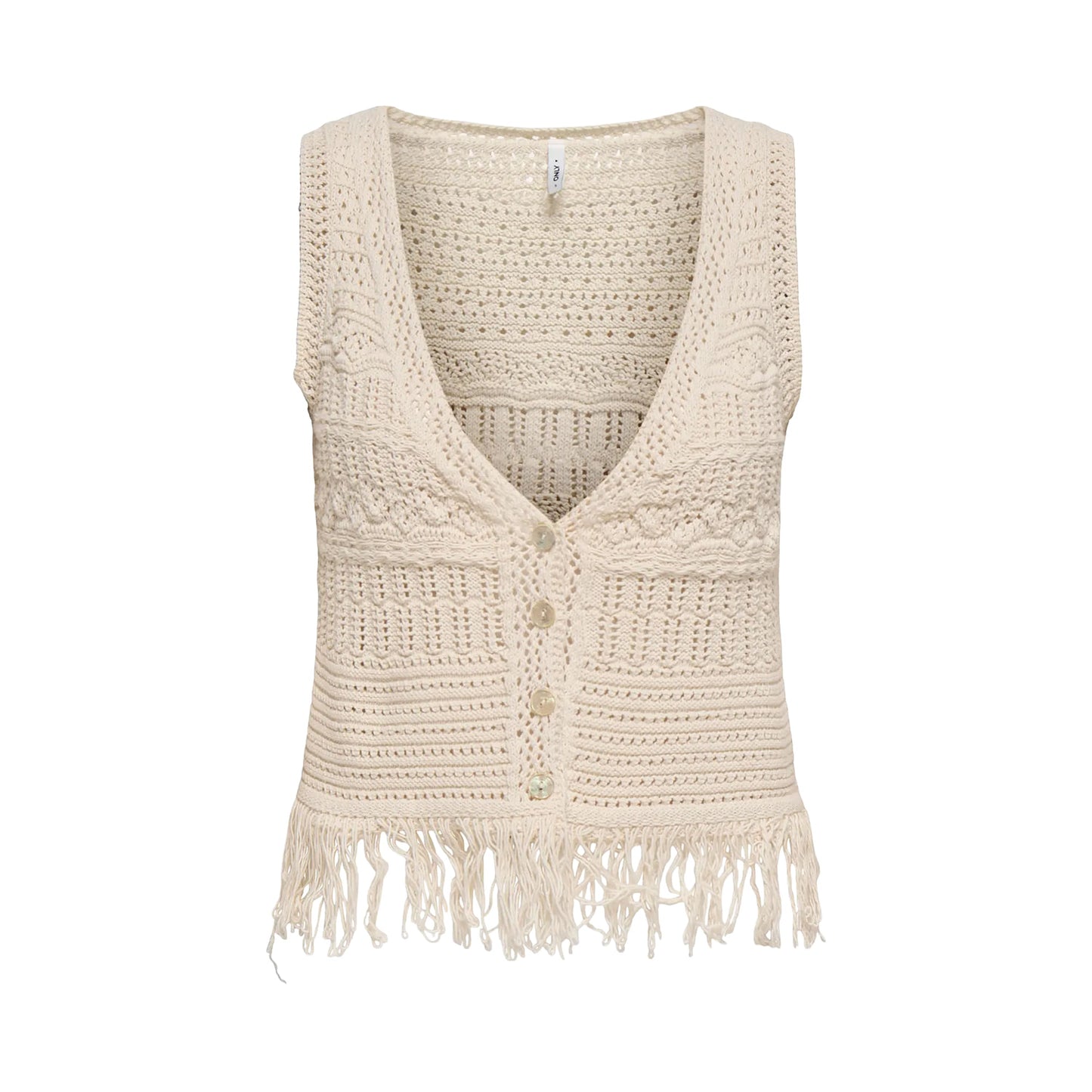 Only Alix SL Fringe Waistcoat Knit Ecru  - 15364856E