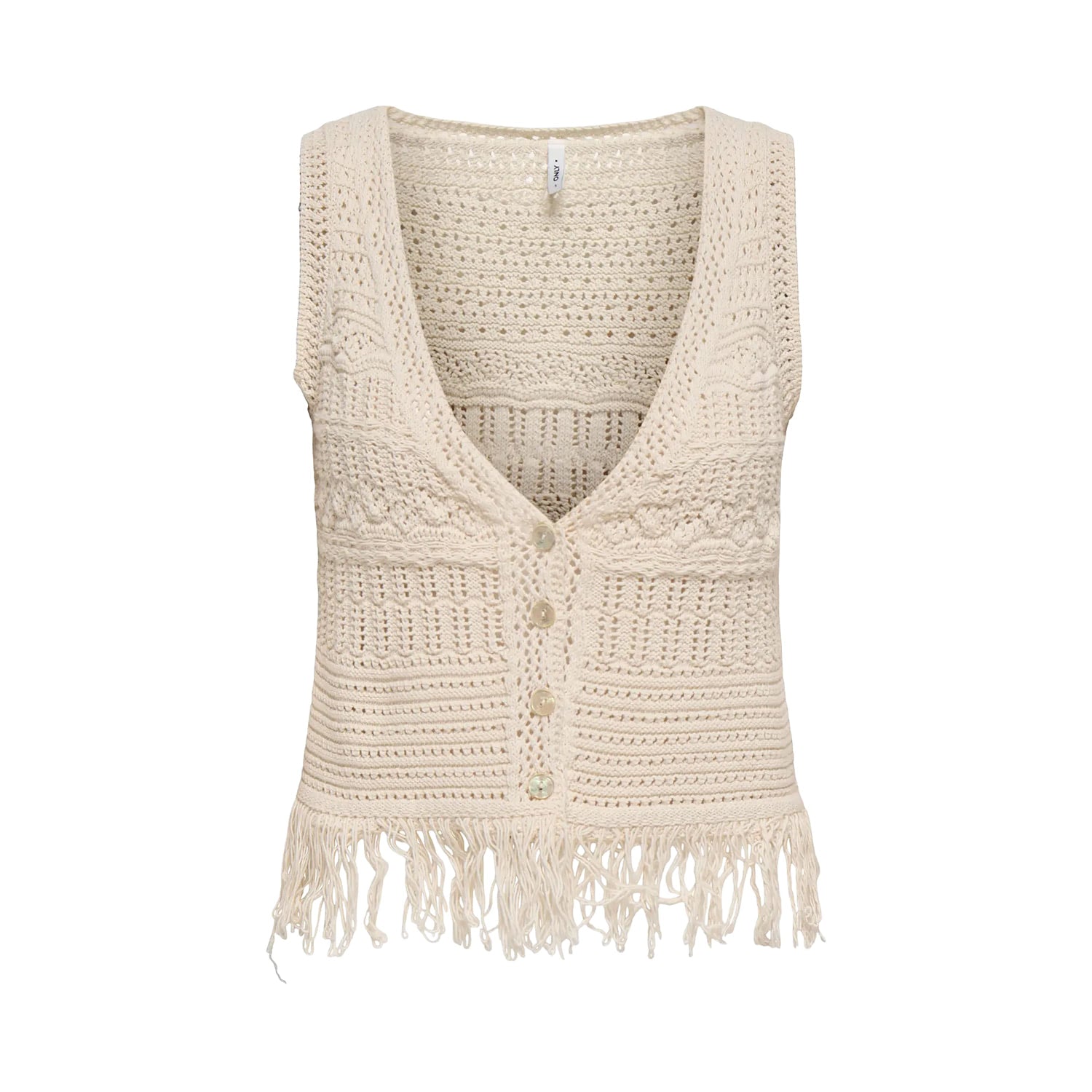 Only Alix SL Fringe Waistcoat Knit Ecru  - 15364856E