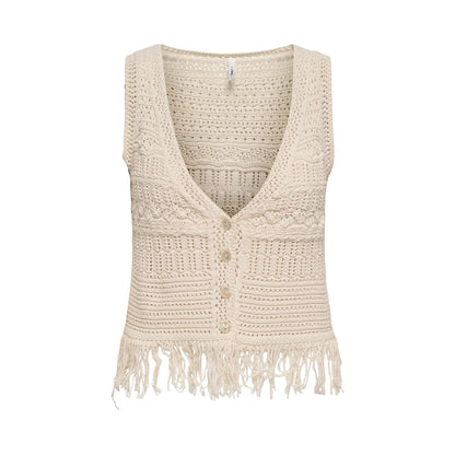 Only Alix SL Fringe Waistcoat Knit Ecru  - 15364856E