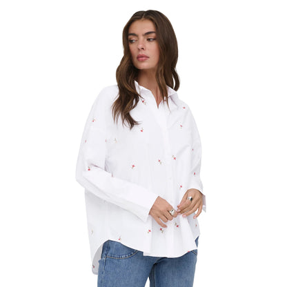 Only Oregon Alva LS Embroidered Shirt Bright White w/ Flower  - 15366835BWF