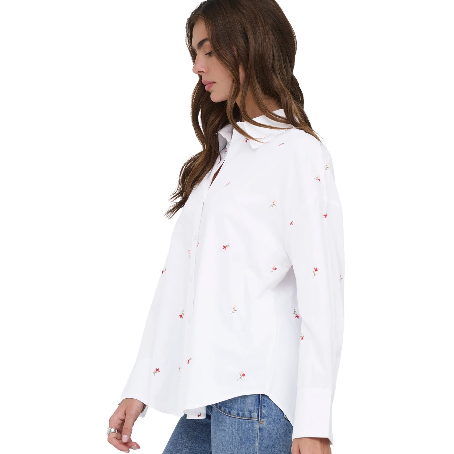 Only Oregon Alva LS Embroidered Shirt Bright White w/ Flower  - 15366835BWF