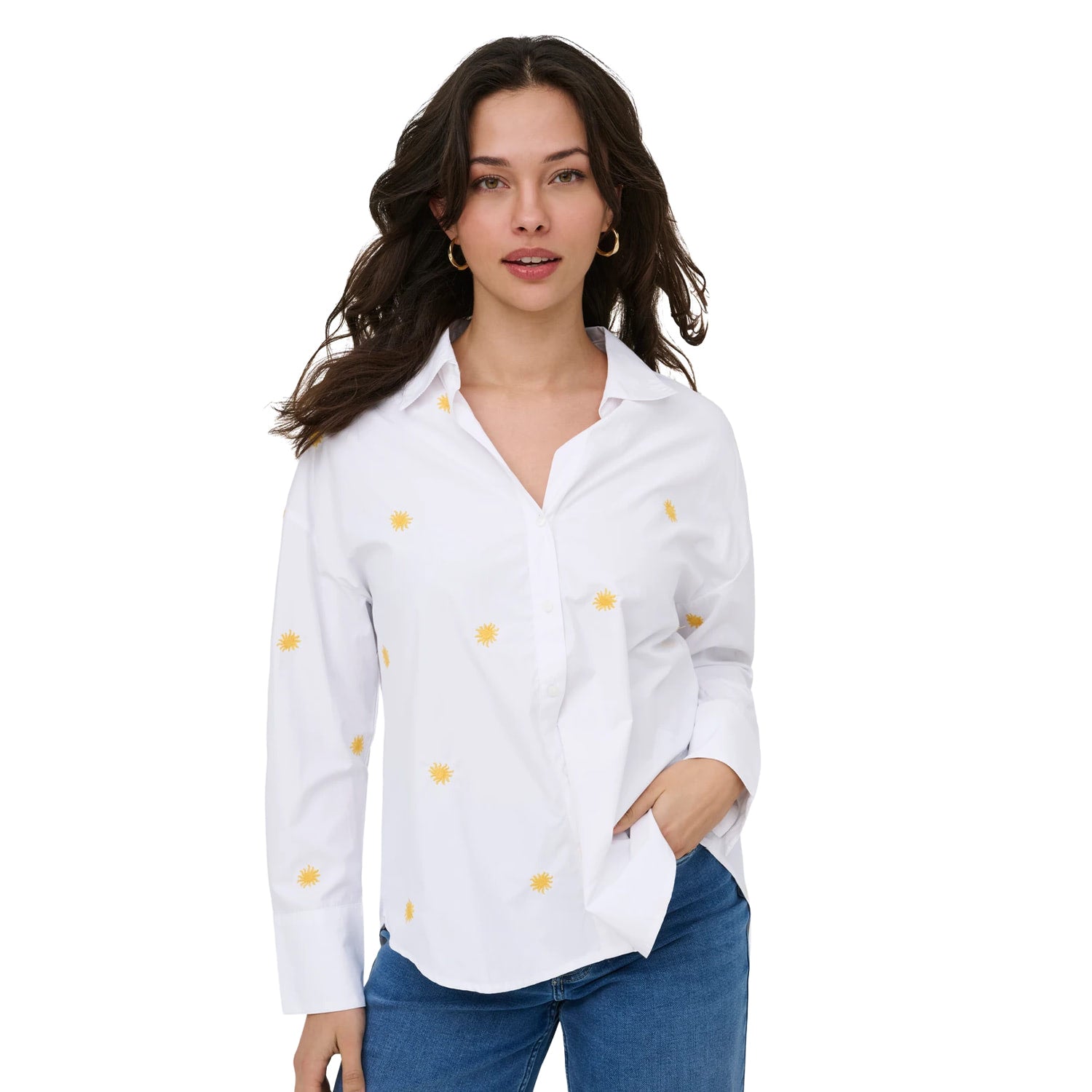 Only Oregon Alva LS Embroidered Shirt Bright White w/ Sun  - 15366835BWS