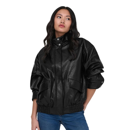 Only Julia Faux Leather Oversized Bomber Black  - 15373024B