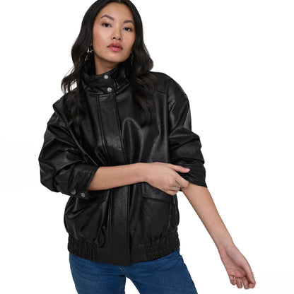 Only Julia Faux Leather Oversized Bomber Black  - 15373024B
