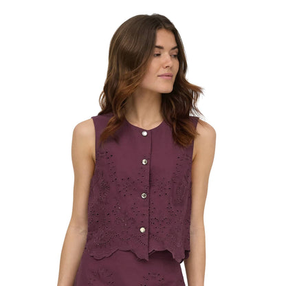 Only Reya S/L Bro Anglaise Waistcoat Tawny Port  - 15374075TP