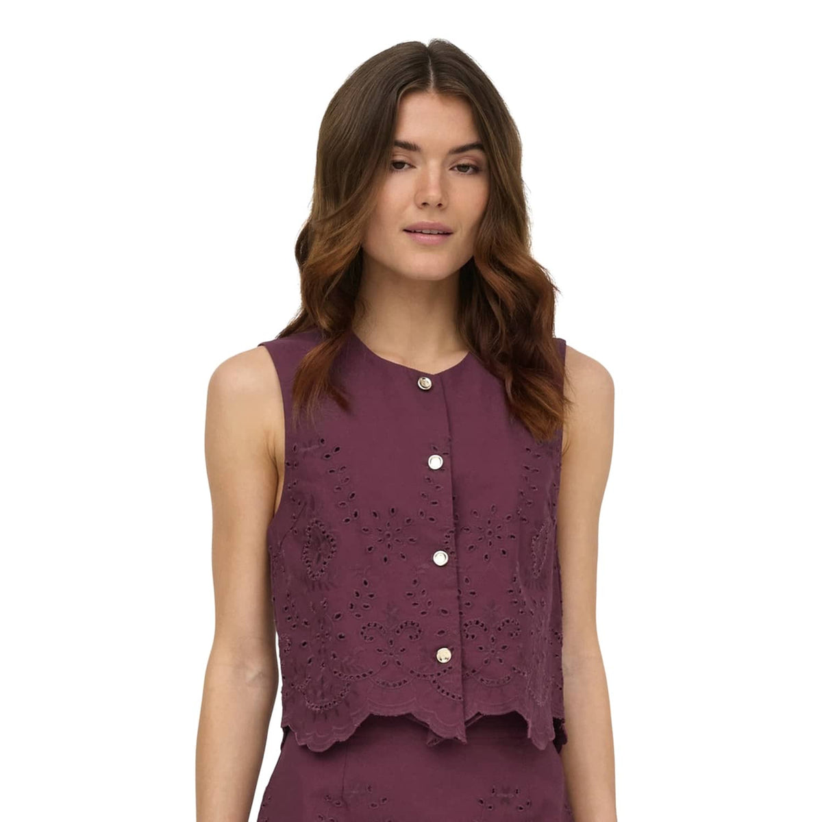 Only Reya S/L Bro Anglaise Waistcoat Tawny Port  - 15374075TP