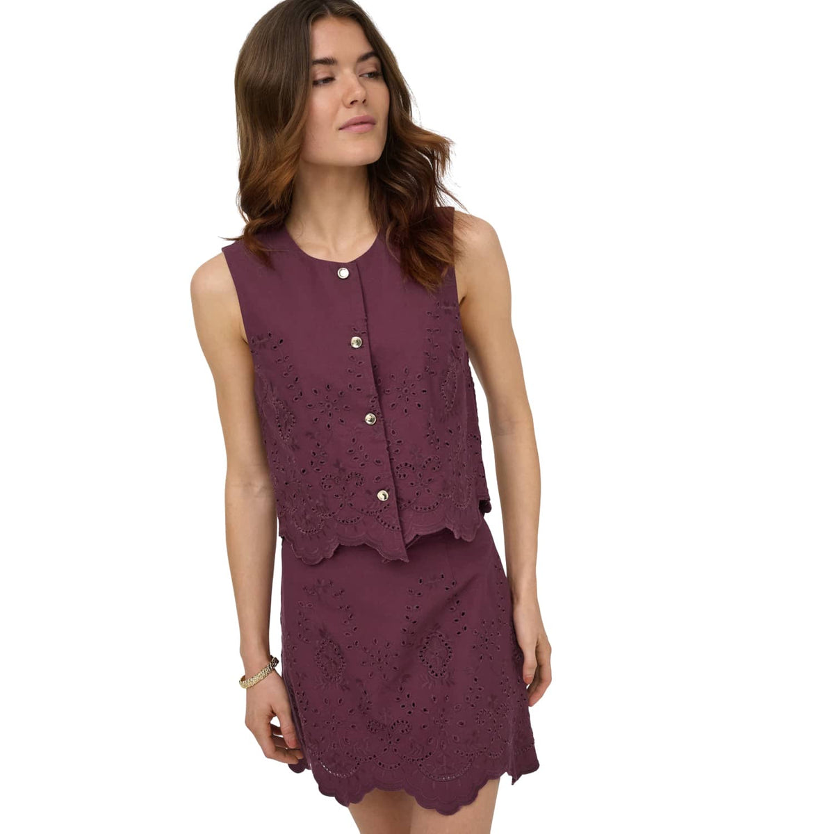 Only Reya S/L Bro Anglaise Waistcoat Tawny Port  - 15374075TP