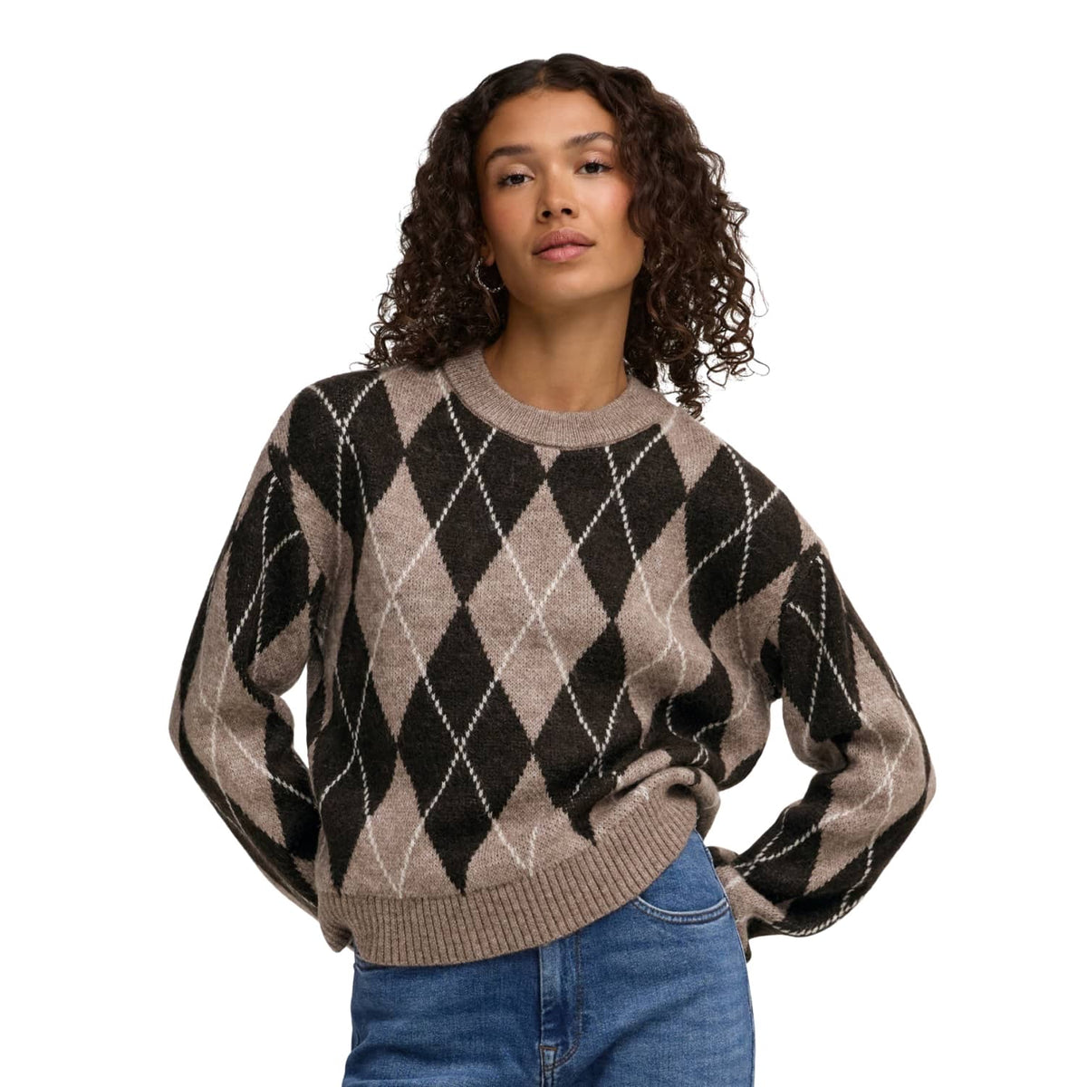 JDY Bianka L/S Argyle Pullover Knit Dark Chocolate Torte  - 15381327CT