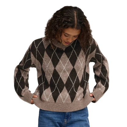 JDY Bianka L/S Argyle Pullover Knit Dark Chocolate Torte  - 15381327CT