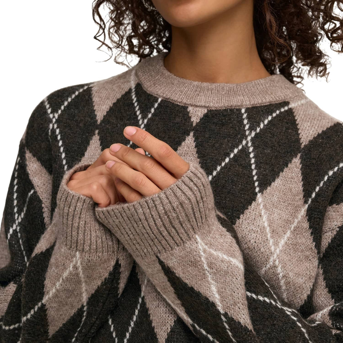 JDY Bianka L/S Argyle Pullover Knit Dark Chocolate Torte  - 15381327CT